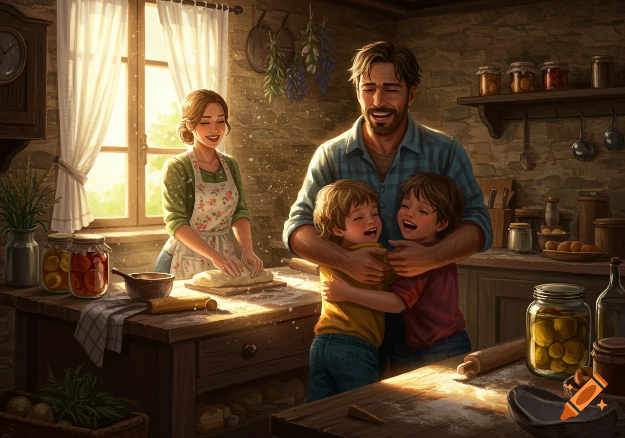 A father hugs two laughing boys in a sunlit rustic kitchen as their mother kneads bread in the background.