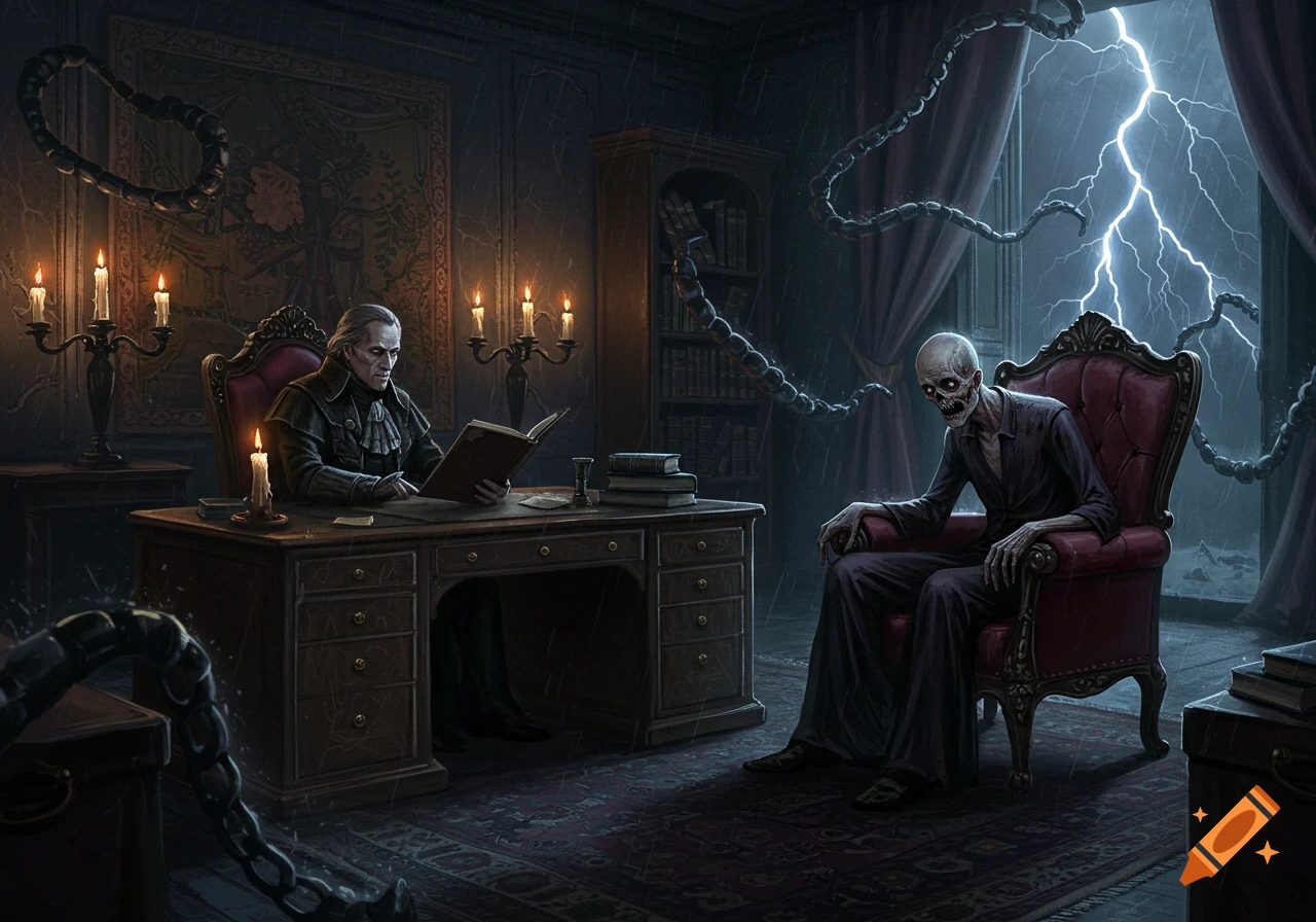 A man reads a book at a desk while a skeletal figure sits in a chair opposite him, during a thunderstorm in a dark, gothic room.