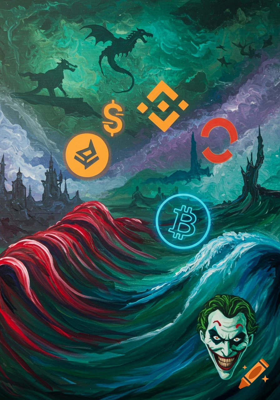 A vibrant, painted fantasy landscape featuring waves of red and blue, dark castles, and silhouetted dragons. Crypto symbols like Bitcoin and Binance logos float above, with the Joker's head smiling from the bottom right.