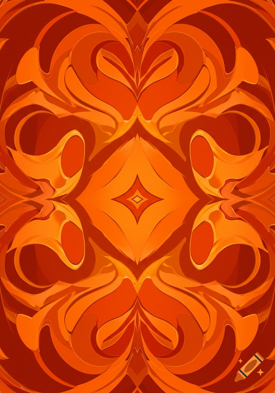 A vibrant, symmetrical abstract pattern in shades of orange, featuring curvilinear shapes and a central diamond.