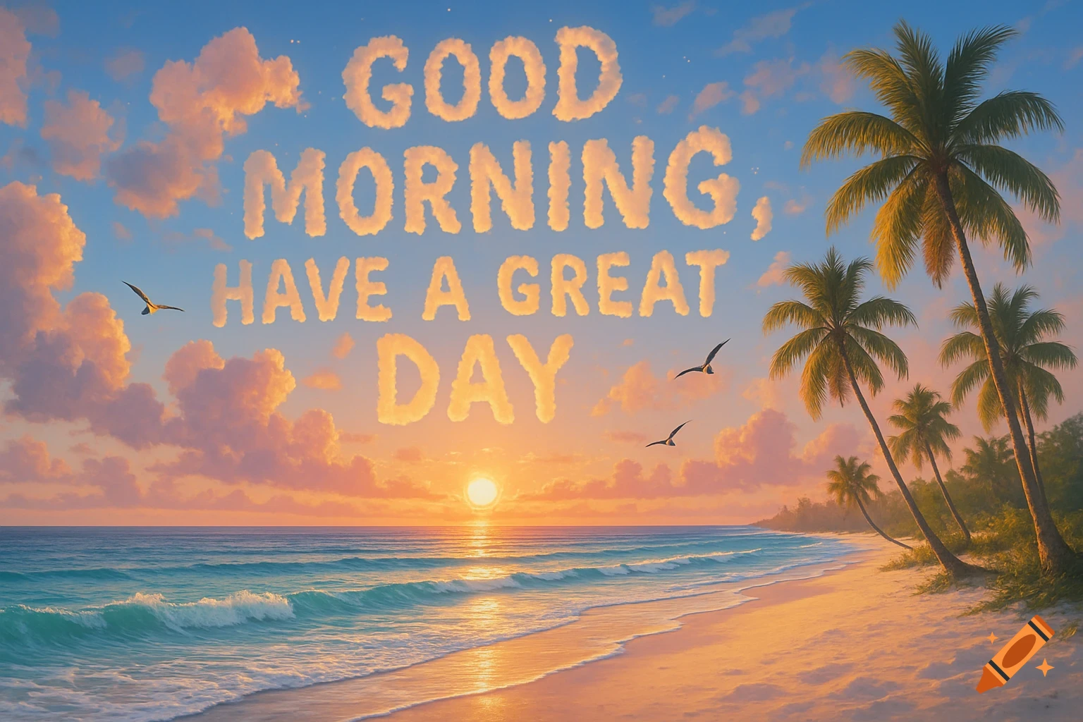 Scenic beach at sunrise with ocean waves, palm trees, and 'GOOD MORNING, HAVE A GREAT DAY' text made of clouds in the sky.