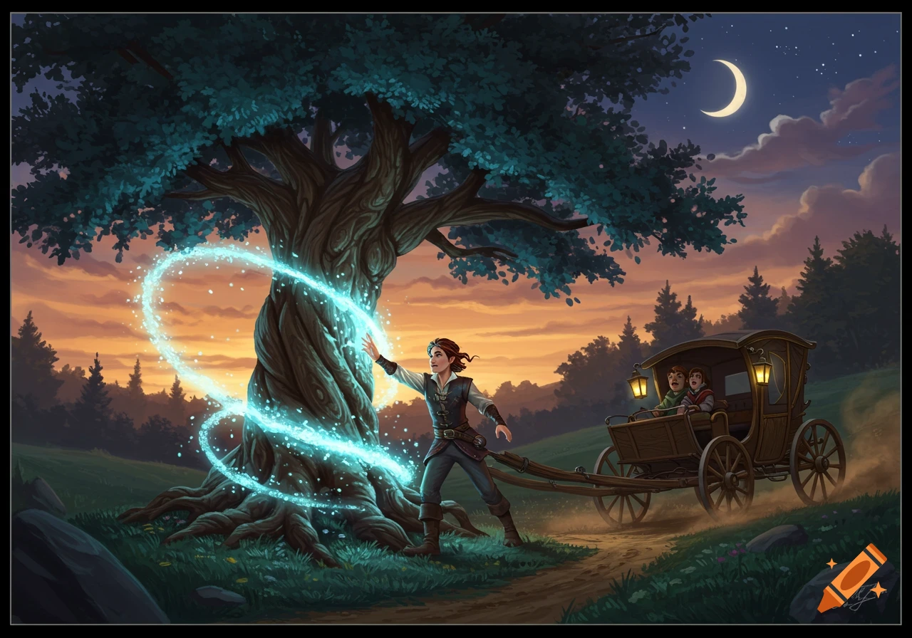 A person with a carriage touches a glowing, gnarled tree at dusk under a crescent moon, with two children peeking from the carriage.