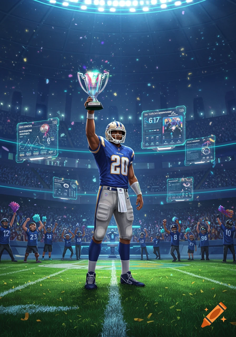 A victorious football player holds a glowing trophy in a futuristic stadium with holographic stat screens.