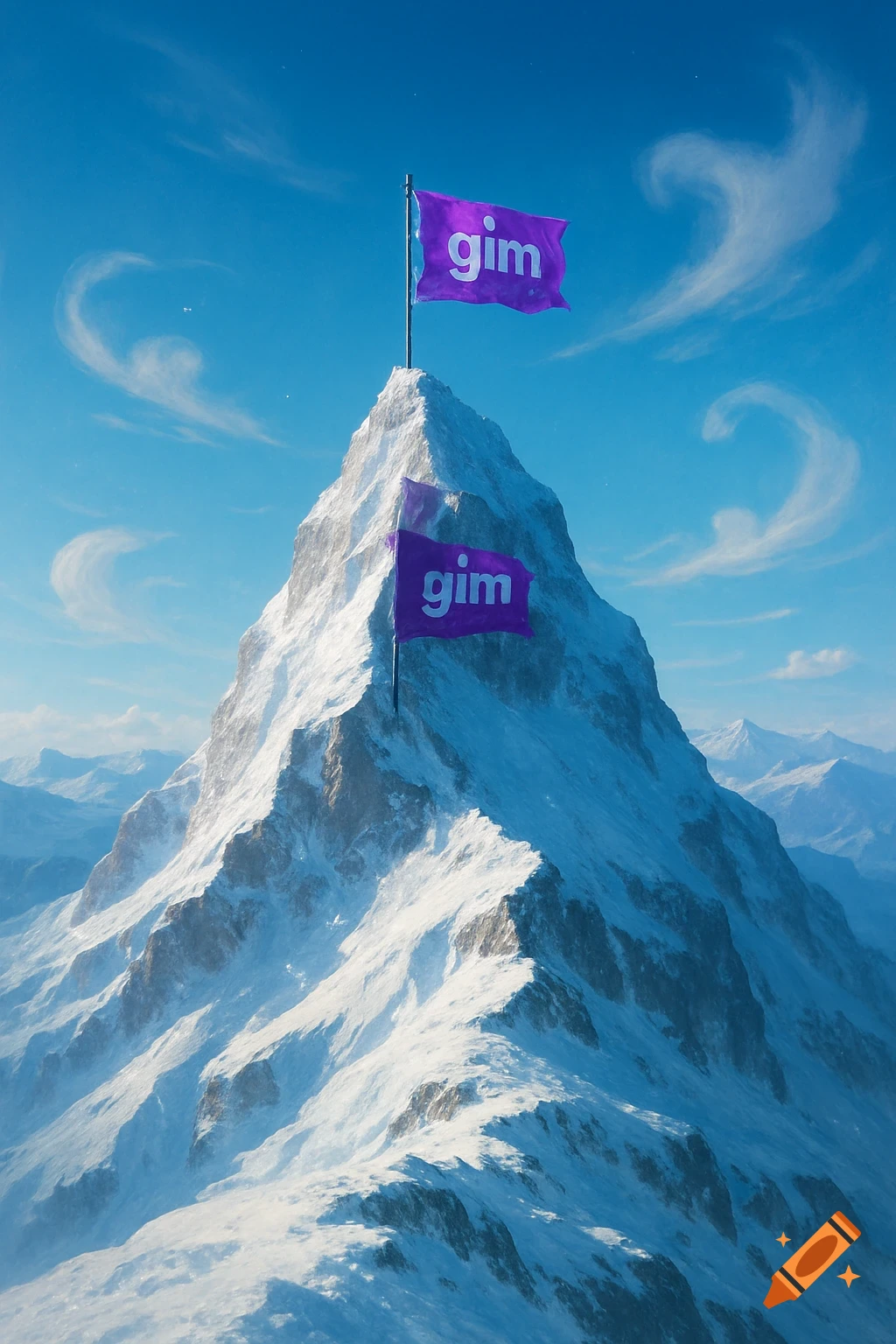 A snowy mountain peak with two purple flags emblazoned with "gim" under a clear blue sky.