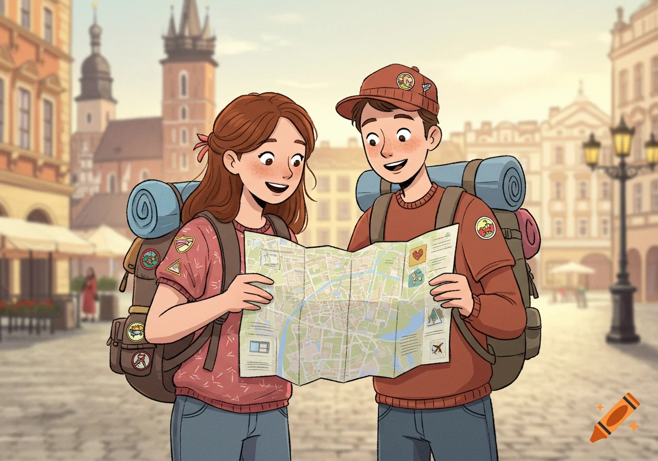 A cute cartoon illustration of a happy male and female traveler with backpacks, studying a map of Krakow's Old Town.