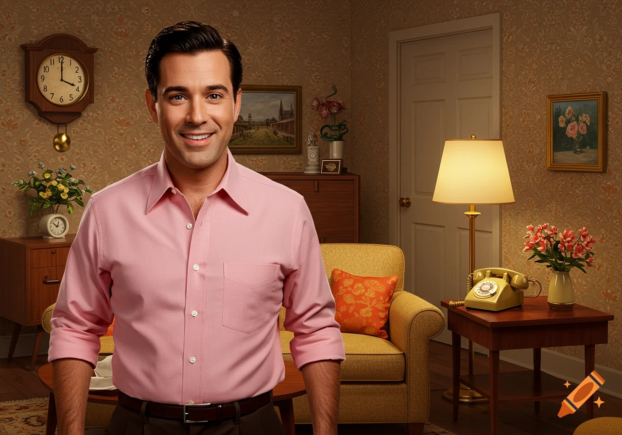 A smiling man in a pink shirt stands in a 1950s-style living room with patterned wallpaper, a wall clock, and retro furniture.