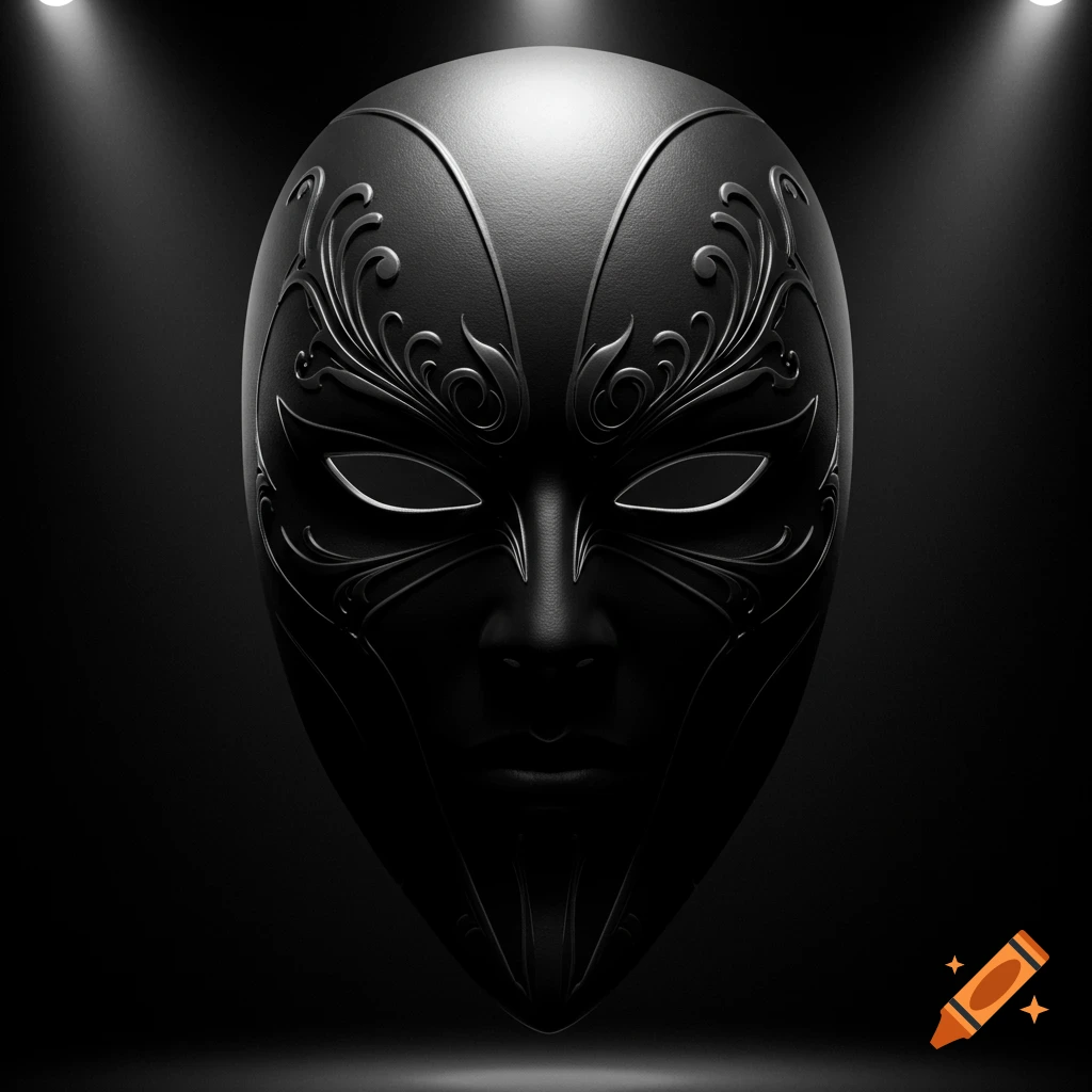 A black, ornate mask with intricate silver details, dramatically lit on a dark background.
