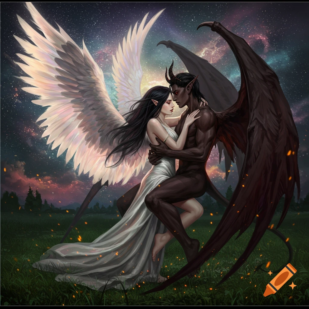 A fantasy digital painting of a dark-skinned demon and a light-skinned angel embracing under a starry sky.