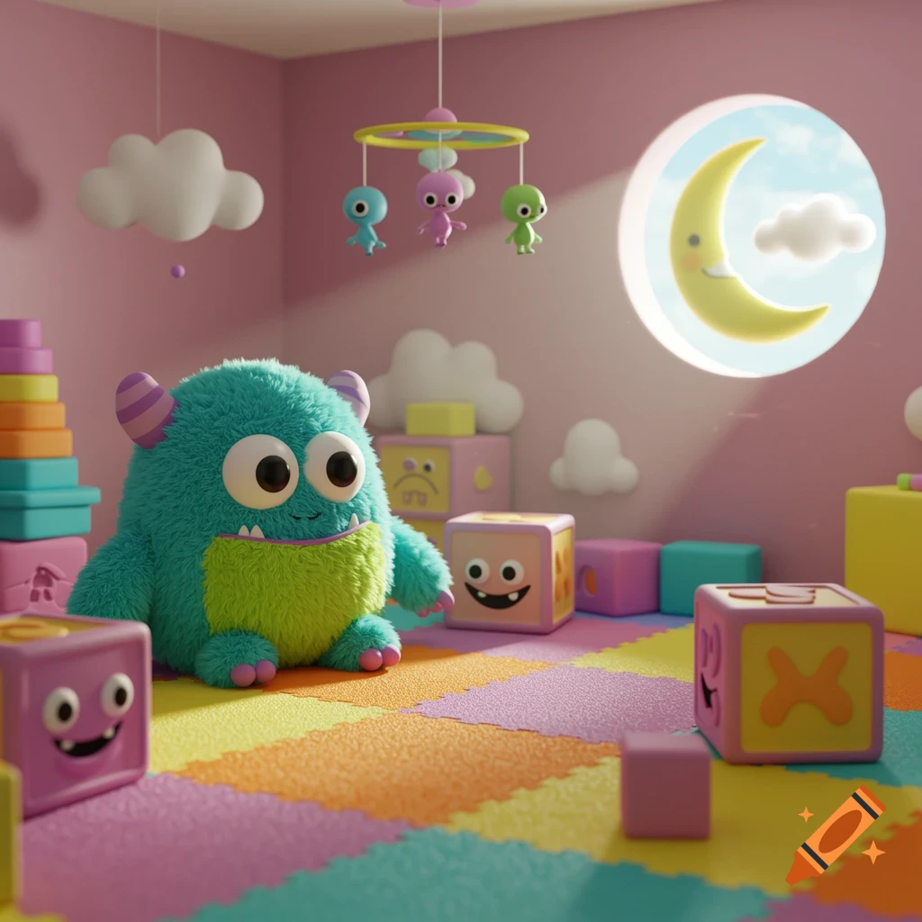 A stylized 3D render of a fluffy teal monster sitting in a colorful pink playroom filled with building blocks and a crescent moon window.