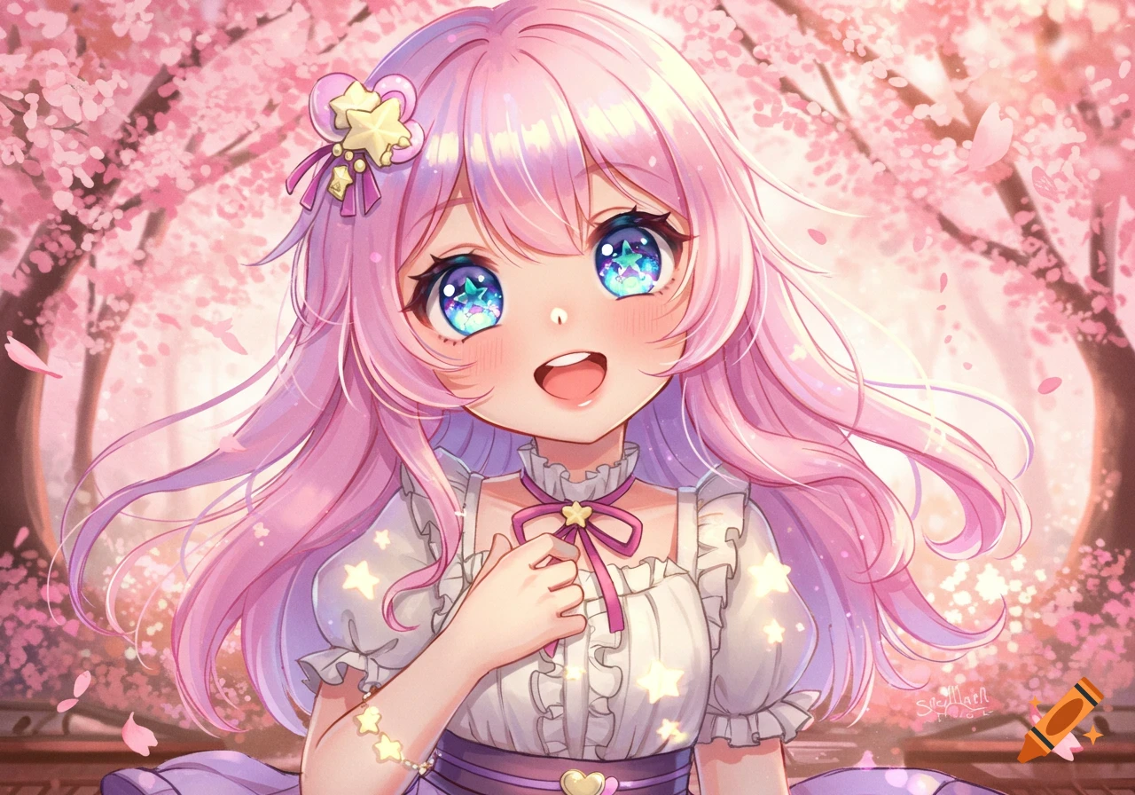 An adorable anime girl with long pink hair and big blue sparkling eyes smiles happily amidst a shower of pink cherry blossoms.