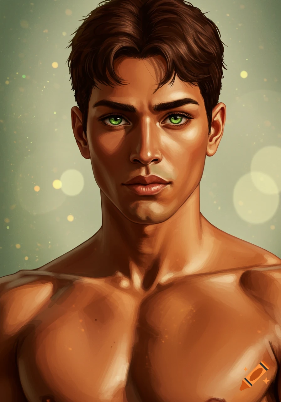 Digital art portrait of a shirtless man with short brunette hair, green eyes, and light brown skin.