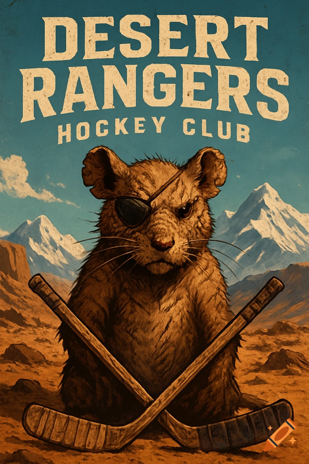 A vintage-style poster depicting a brown, rough-looking rat with an eye patch, sitting in a desert with crossed hockey sticks. Snow-capped mountains are in the background. The text "DESERT RANGERS HOCKEY CLUB" is at the top.