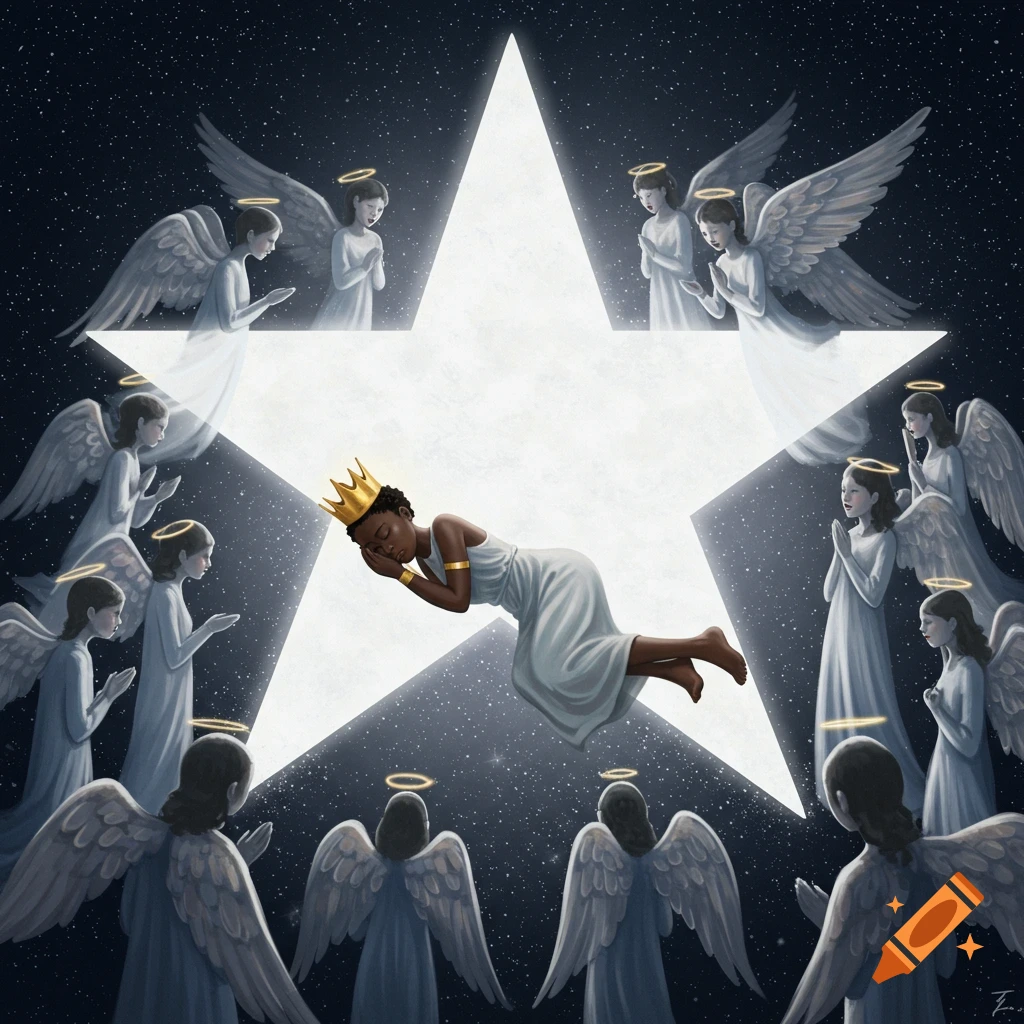 An illustration of a serene night scene with a sleeping African queen on a large white star, surrounded by praying angels.
