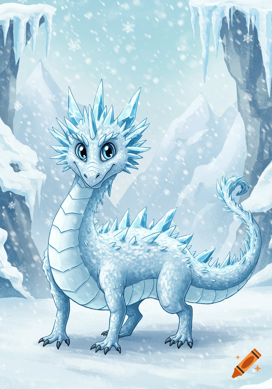 A cute cartoon ice dragon with spiky ice features and blue eyes stands in a snowy mountain landscape with snowflakes.