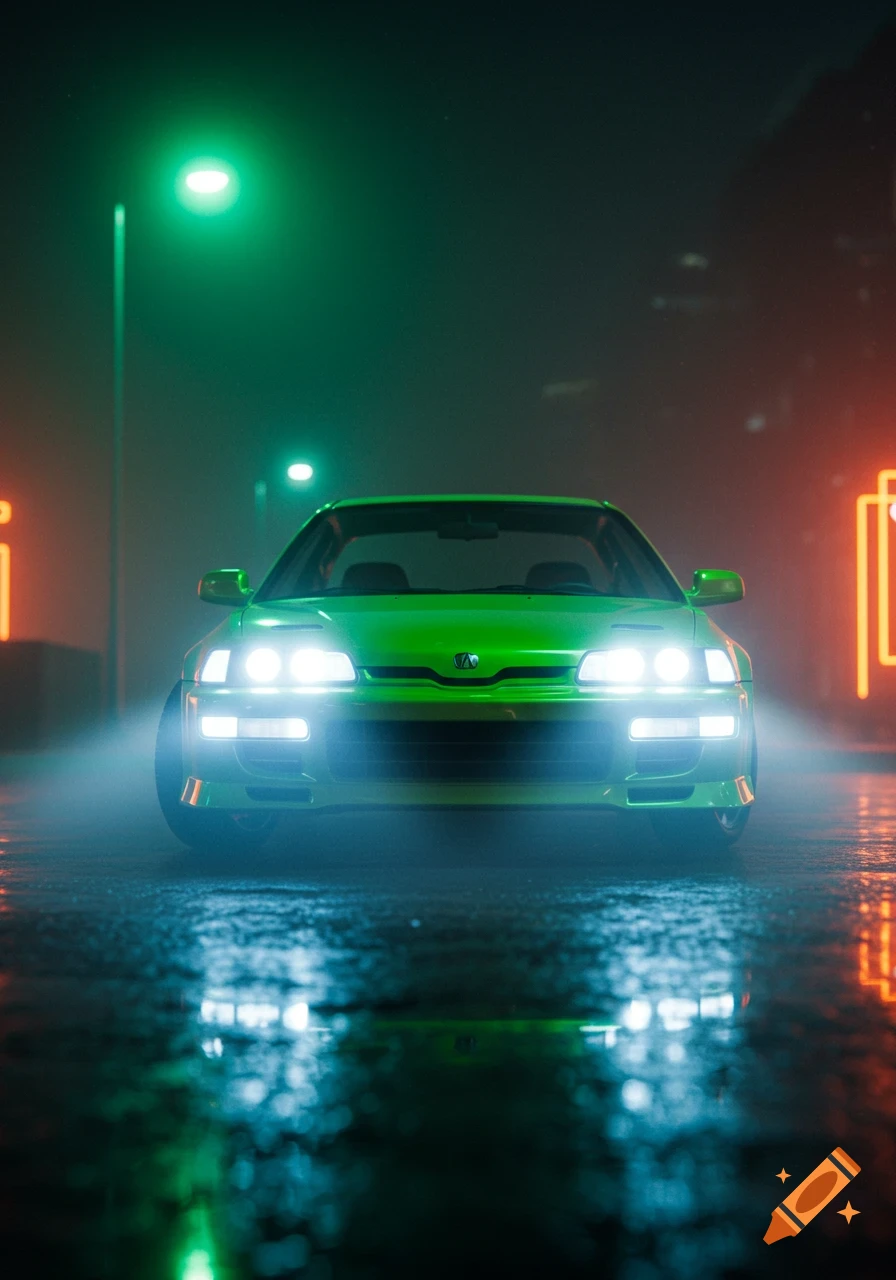 A bright lime green Acura Integra with glowing headlights on a wet street at night, surrounded by neon lights.
