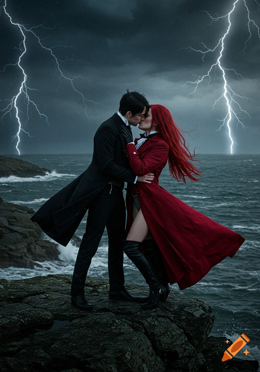 A man in a black coat and a red-haired woman in a red coat kiss on a rocky cliff by a stormy ocean with lightning.