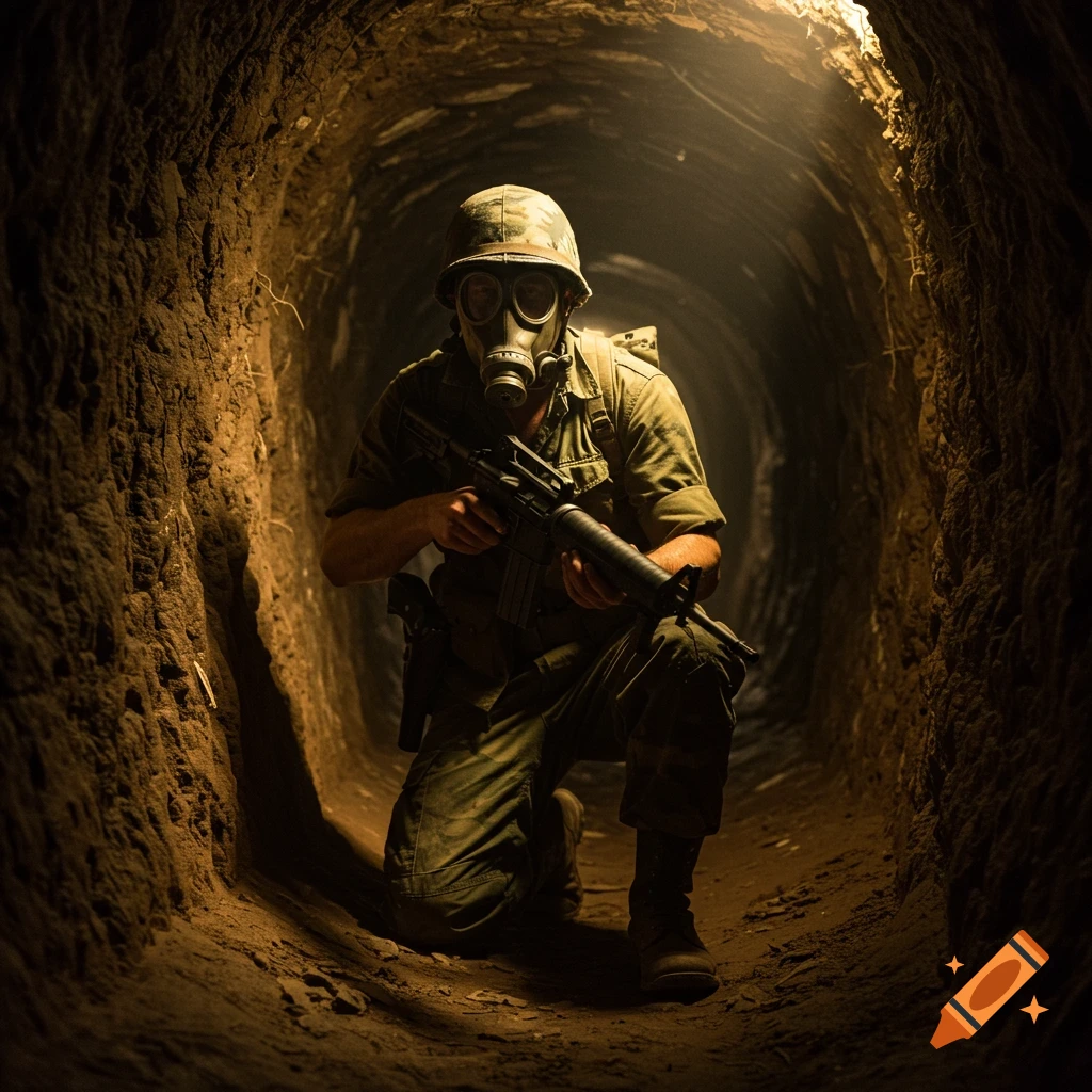 A soldier in a gas mask and helmet kneels in a dark, narrow dirt tunnel, holding a rifle, illuminated by a light from above.