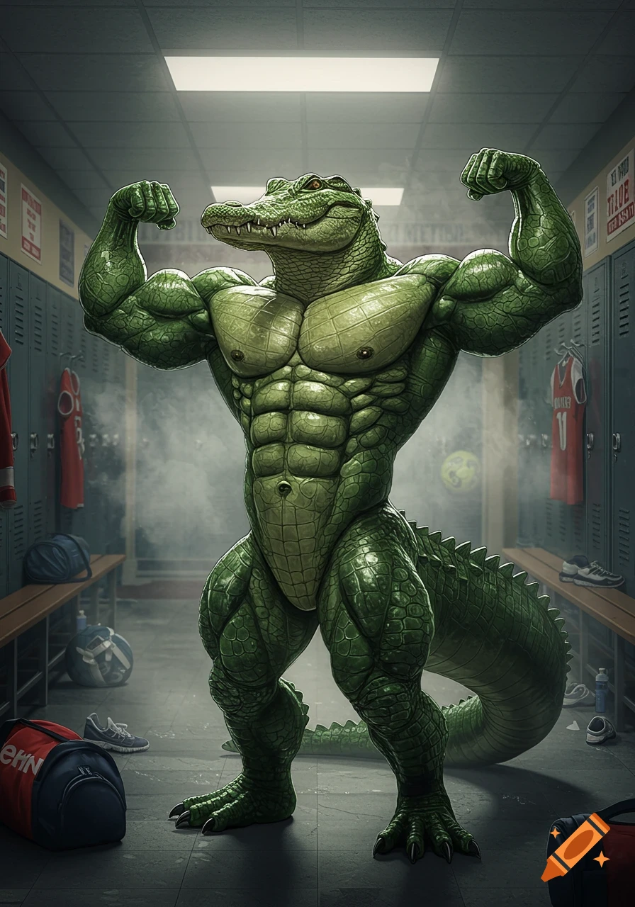 A muscular anthropomorphic alligator flexes in a locker room, showing off its green scales and large muscles.