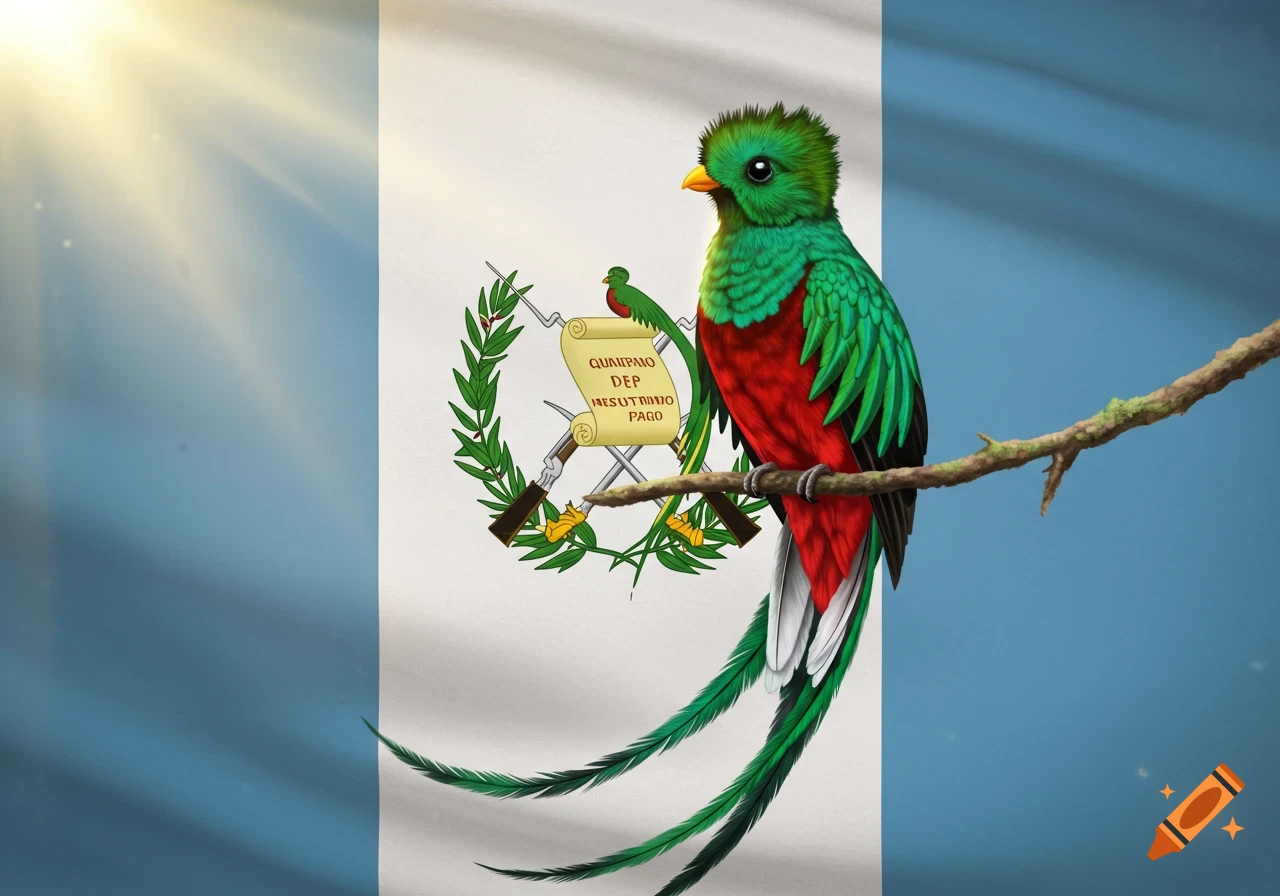 A vibrant quetzal bird perches on a branch in front of the Guatemalan flag, with the national emblem visible.