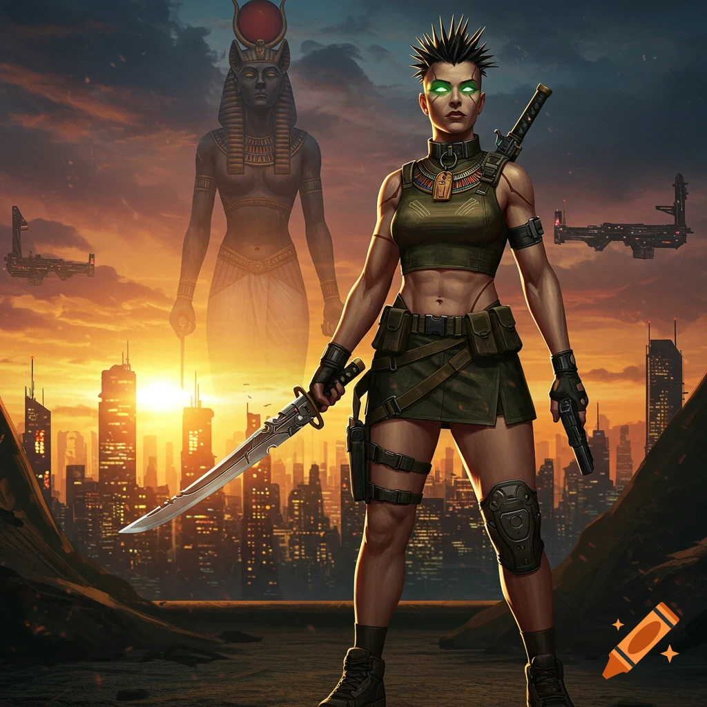 A strong Celtic woman in tactical gear with spiky hair holds a sci-fi katana and pistol, against a futuristic city sunset.