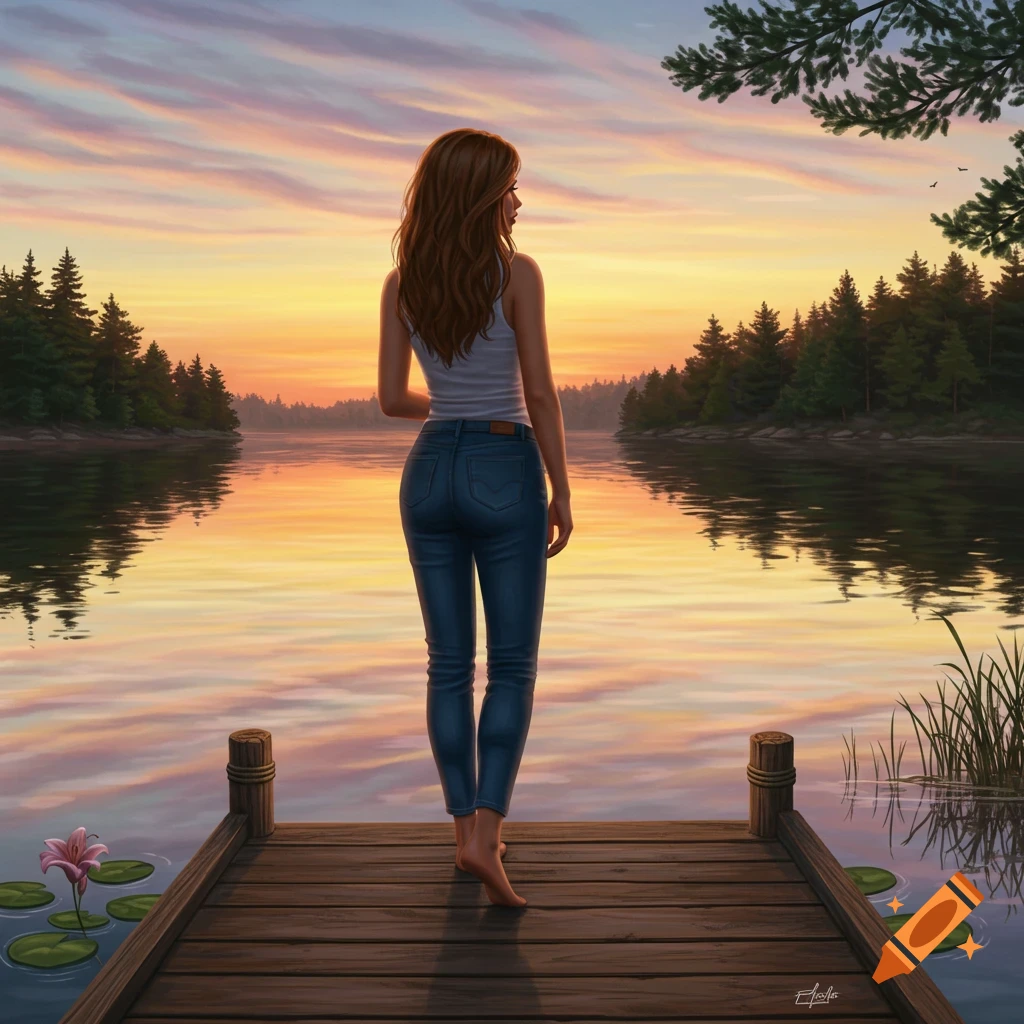 A woman standing barefoot on a wooden dock, looking out at a serene lake during sunset with trees lining the shore.