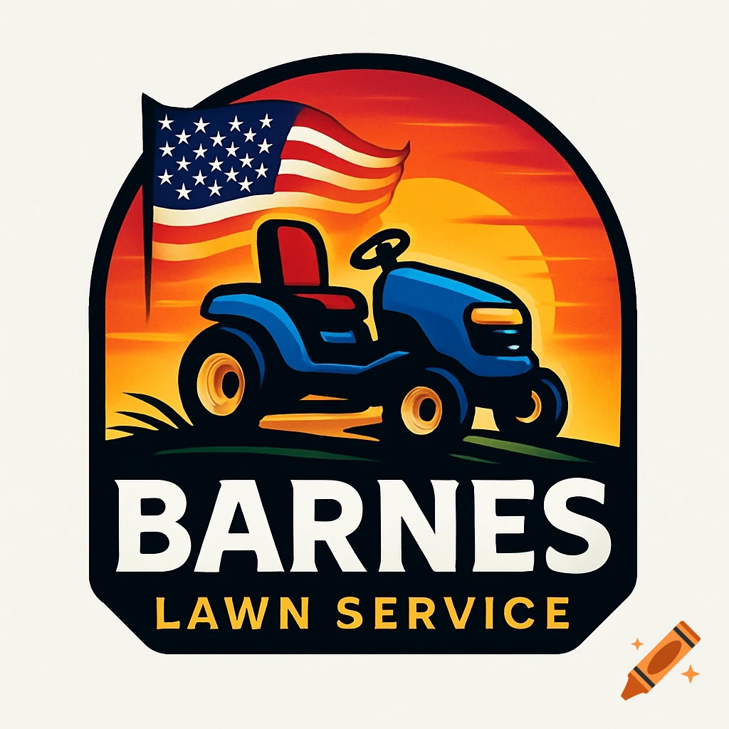 A vibrant logo featuring a blue riding lawn mower and an American flag against an orange sunset, with 'BARNES LAWN SERVICE' text.