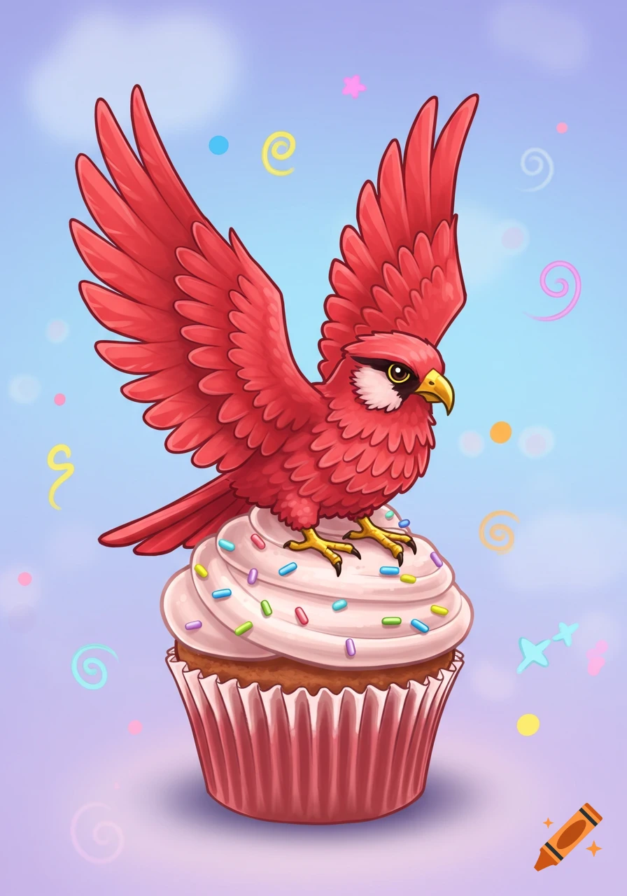 A red cartoon hawk with wide wings perched on a frosted cupcake with sprinkles, set against a pastel sky.