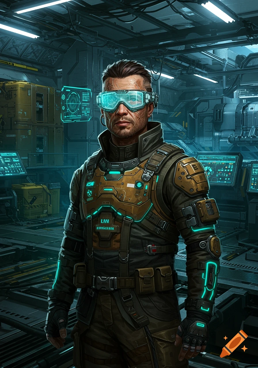 A detailed image of a cyberpunk character wearing futuristic goggles and armored gear in a dark industrial space station.
