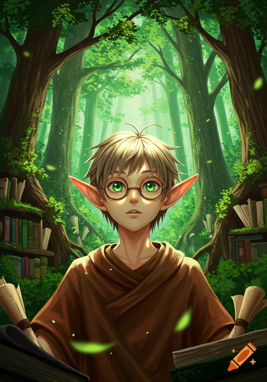 An anime portrait of a young elf with green eyes and round glasses, in brown robes, surrounded by books in a vibrant green forest.