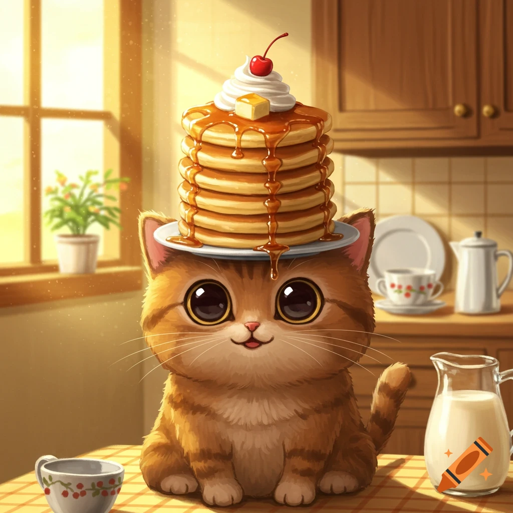 A cute cartoon brown tabby cat with big eyes sits on a kitchen table, balancing a tall stack of pancakes with syrup and a cherry on its head.