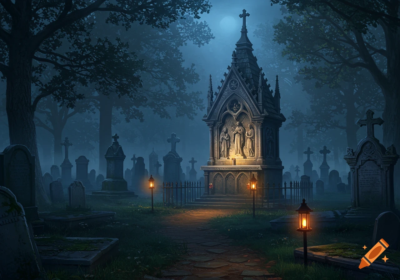 A moonlit gothic cemetery scene with an ornate reliquary shrine, numerous tombstones, and glowing lanterns illuminating a path.
