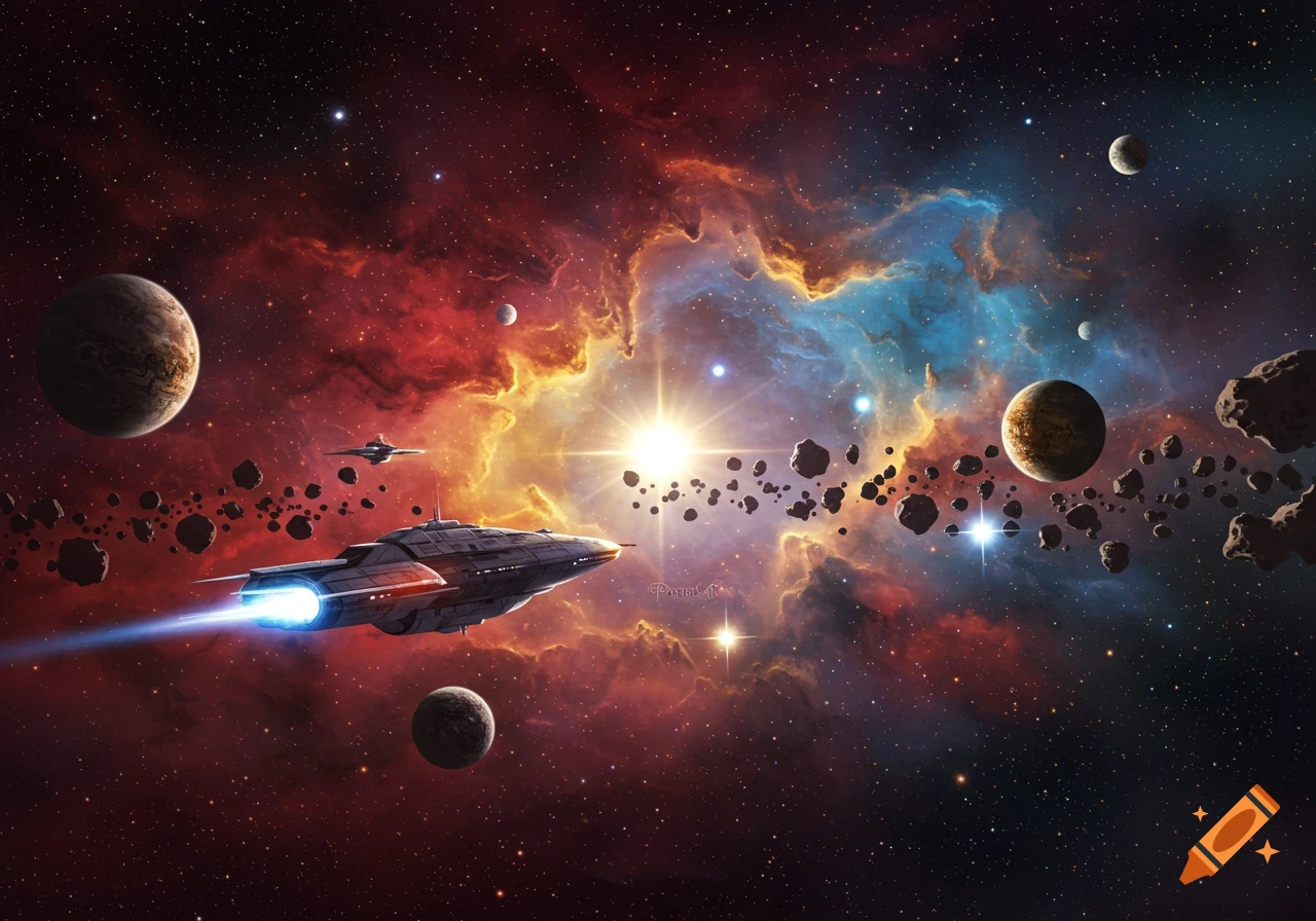 A large spaceship with blue engine glow travels through a vibrant nebula with planets and asteroids.