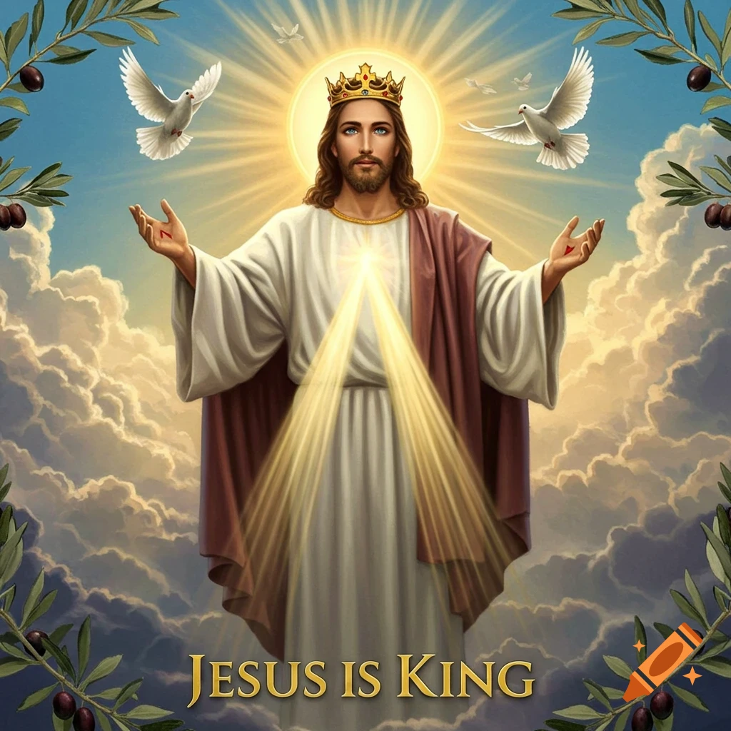 An illustration of Jesus wearing a golden crown, standing on clouds with outstretched arms. Sun rays emanate, with doves and olive branches. Text reads "Jesus IS KING".