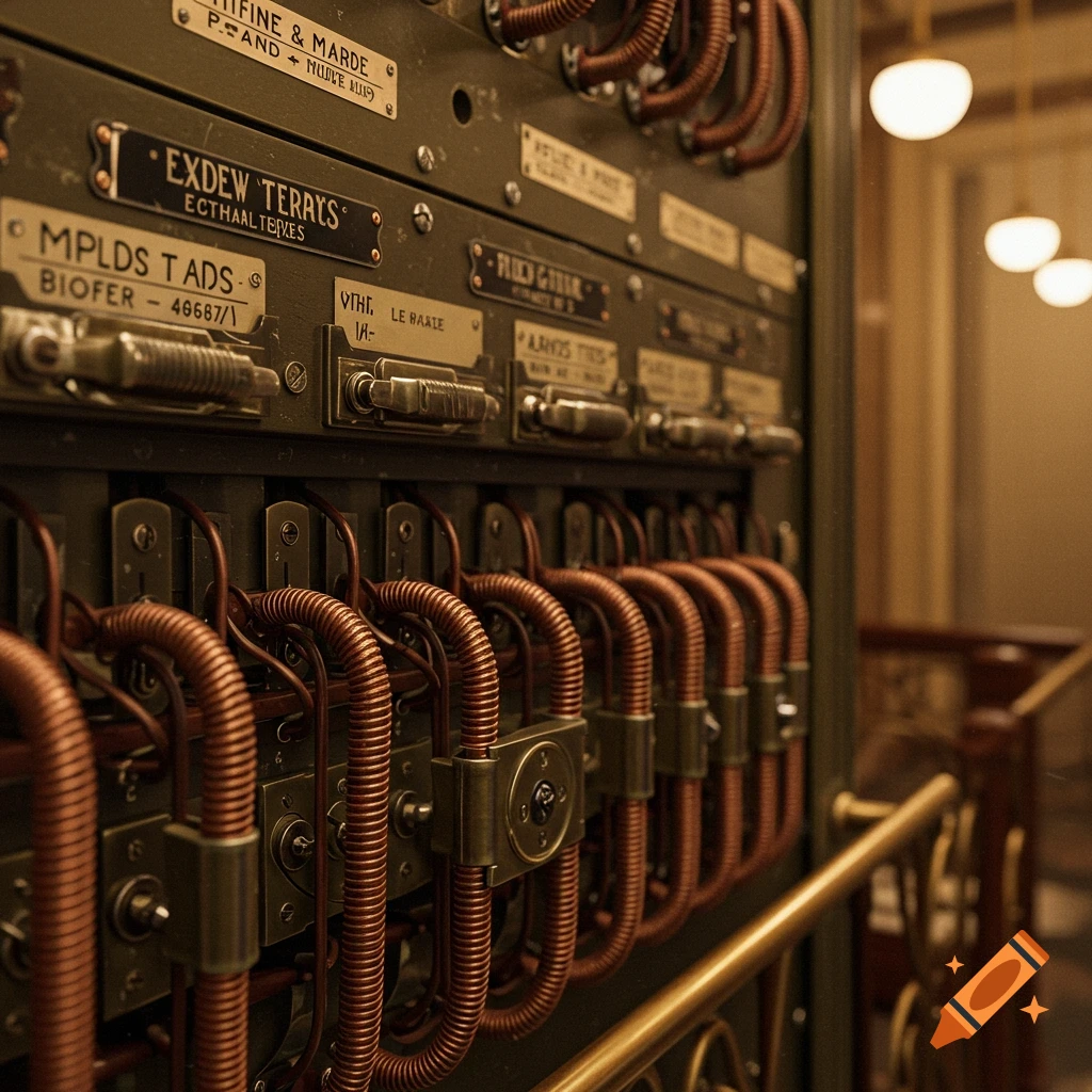 Close-up of an old, intricate elevator control panel with copper wires, brass levers, and labeled switches.