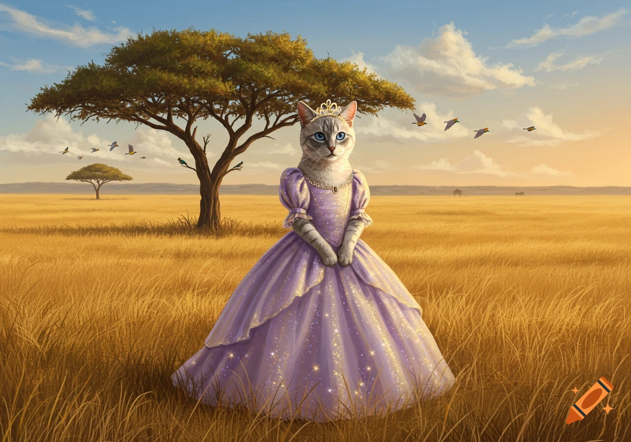 A gray tabby cat wearing a sparkling purple princess dress and a small crown stands in a golden savanna field with an acacia tree and birds.