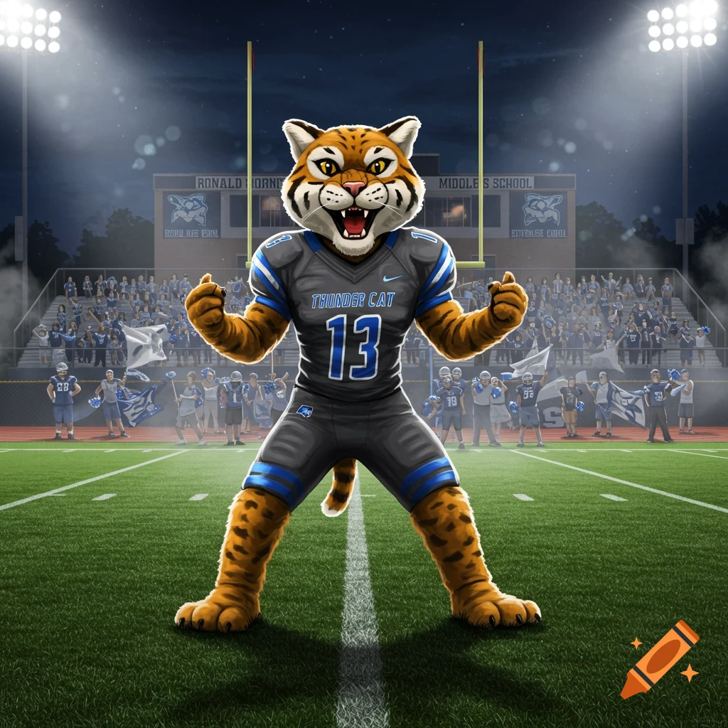 Cartoon tiger mascot in a football uniform on a field at night, stadium lights shining, and a crowd in the stands.