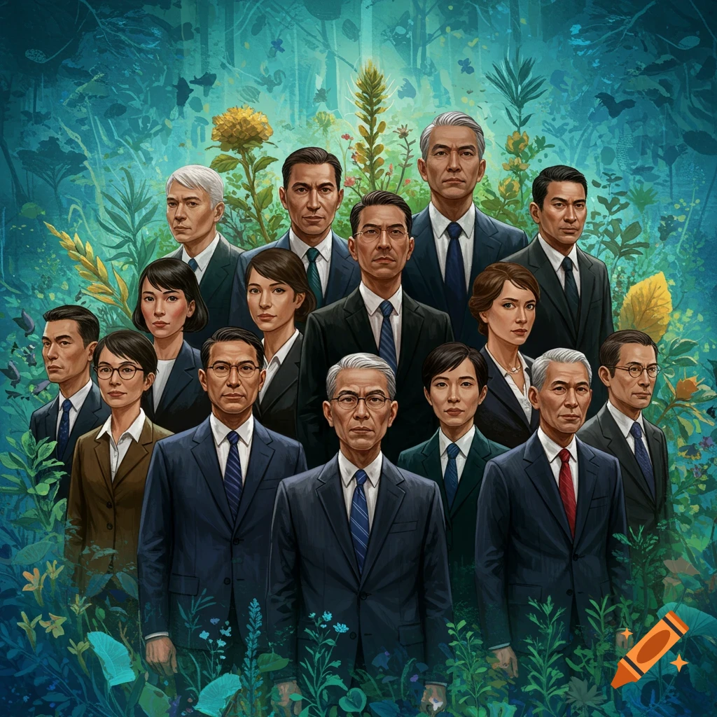 A group of diverse people in business suits stand in a lush, vibrant green and blue forest with plants and leaves.