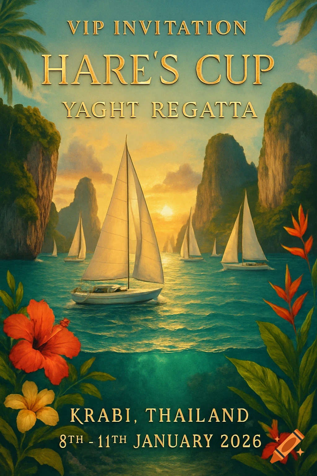 A painting of yachts sailing in turquoise water between tropical islands at sunset, with event invitation text for a regatta.