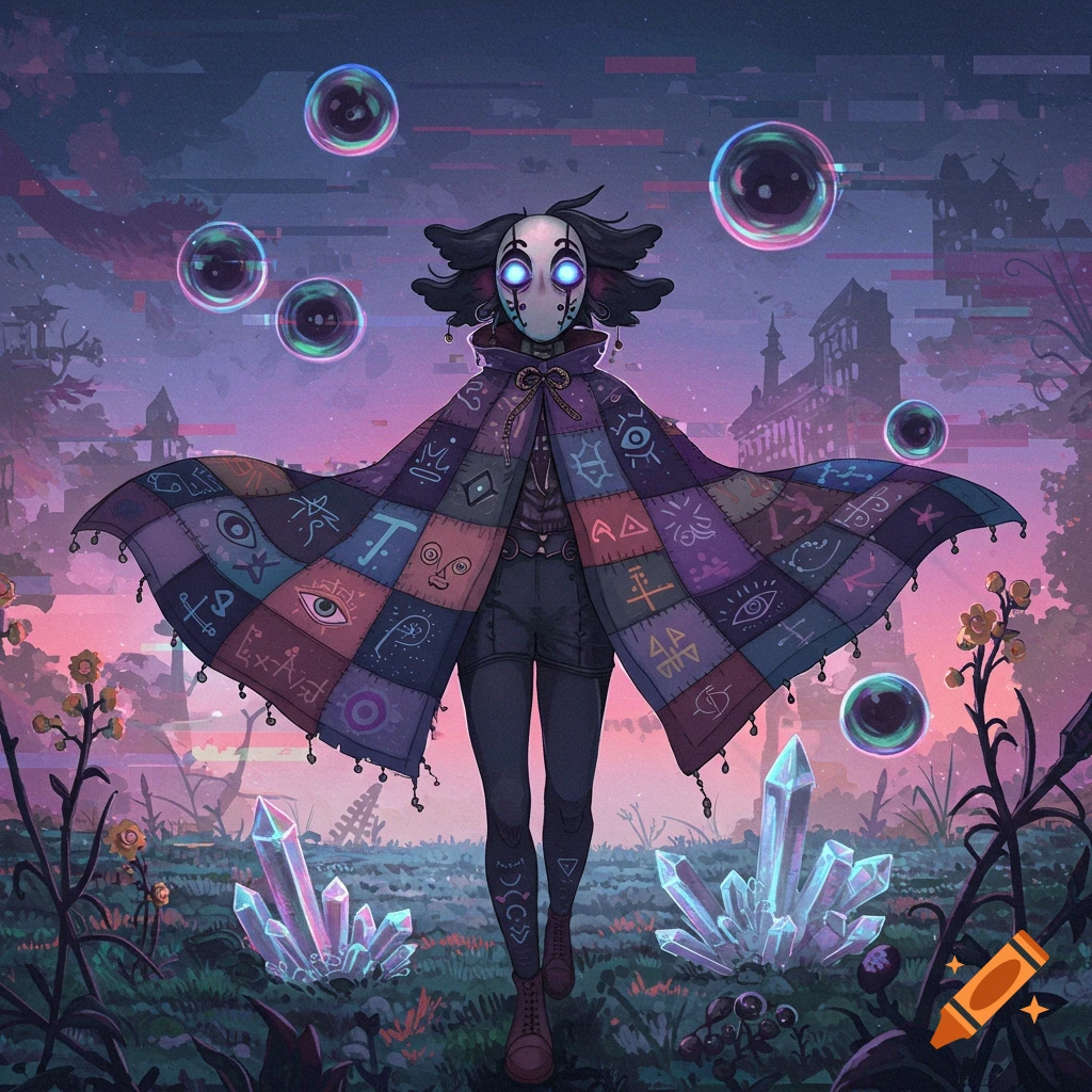 A masked figure in a patchwork cloak with symbols stands in a surreal, magical landscape with glowing crystals, bubbles, and a glitchy twilight sky.