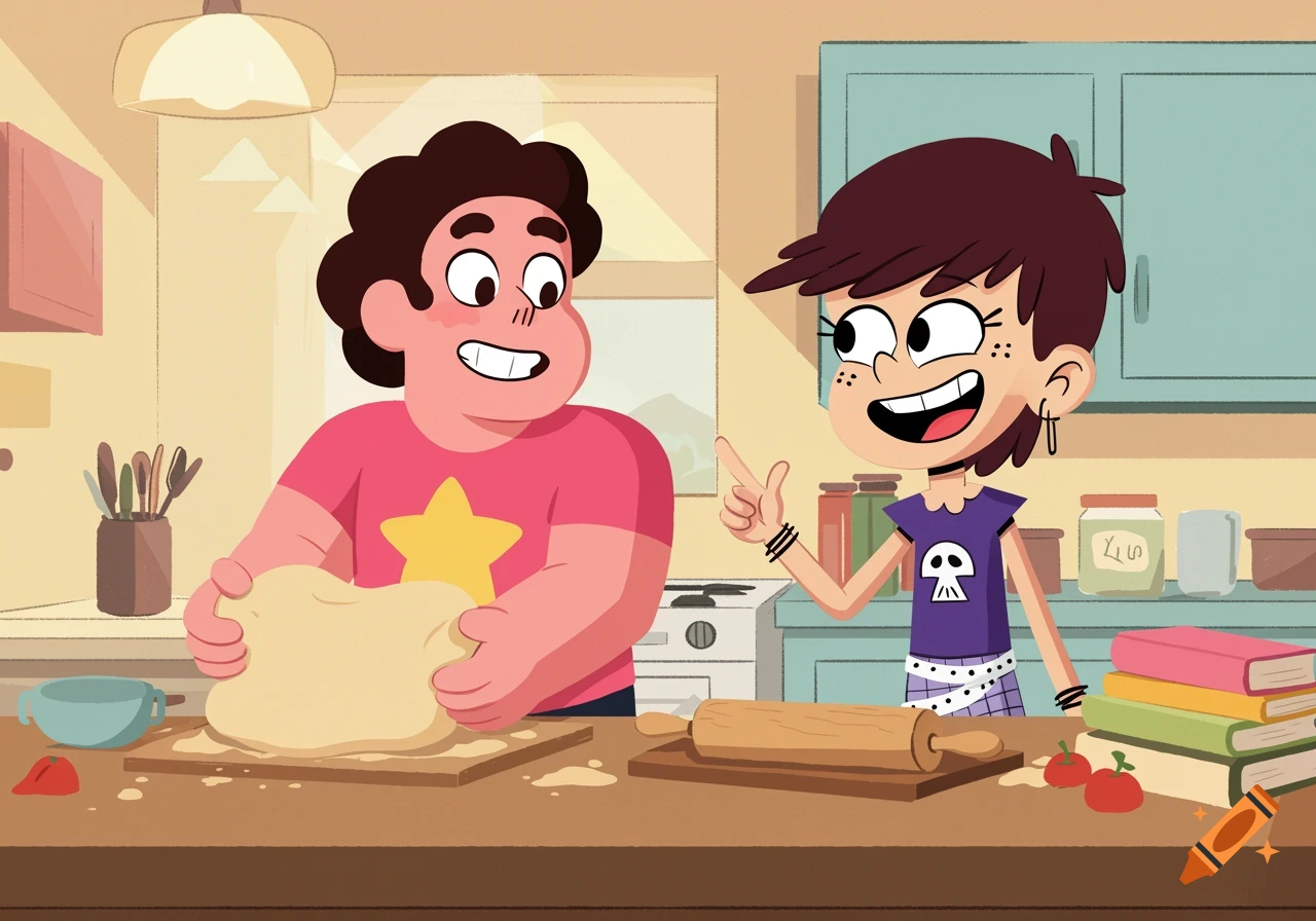 Steven Universe and Luna Loud in a cartoon kitchen, with Steven kneading dough and Luna pointing while smiling.