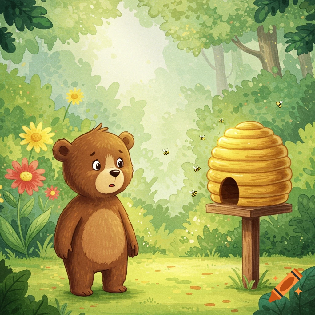 A worried-looking brown cartoon bear stands in a sunny green forest next to an empty beehive, with bees flying around.