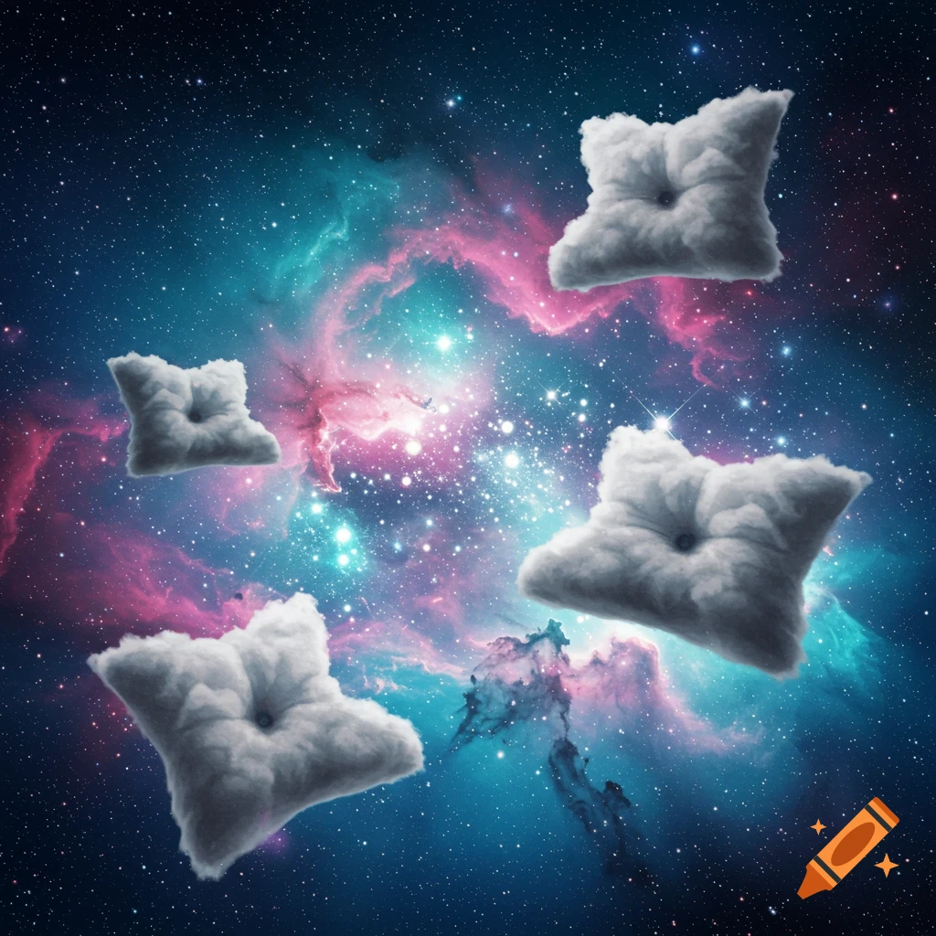 Four fluffy white cushion-like clouds float in a vibrant pink, blue, and purple galaxy filled with stars.