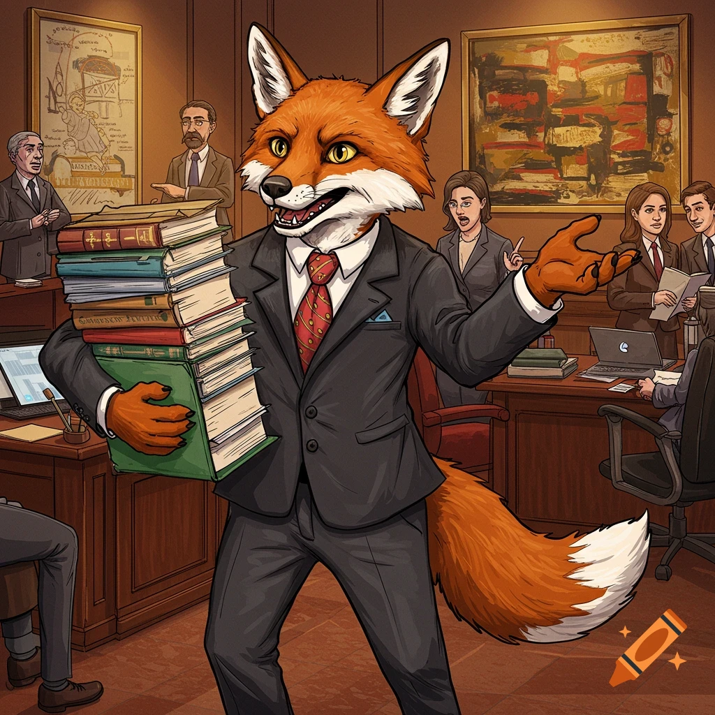 A cartoon fox in a suit, looking hectic and carrying a large stack of books, in a busy office setting with human coworkers in the background.