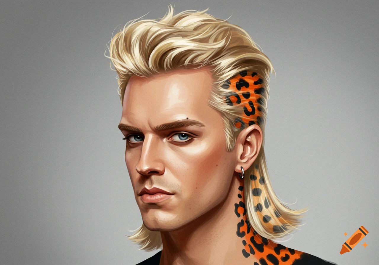 Stylized portrait of a man with blonde hair, an earring, and orange and black leopard print on his hair and neck.