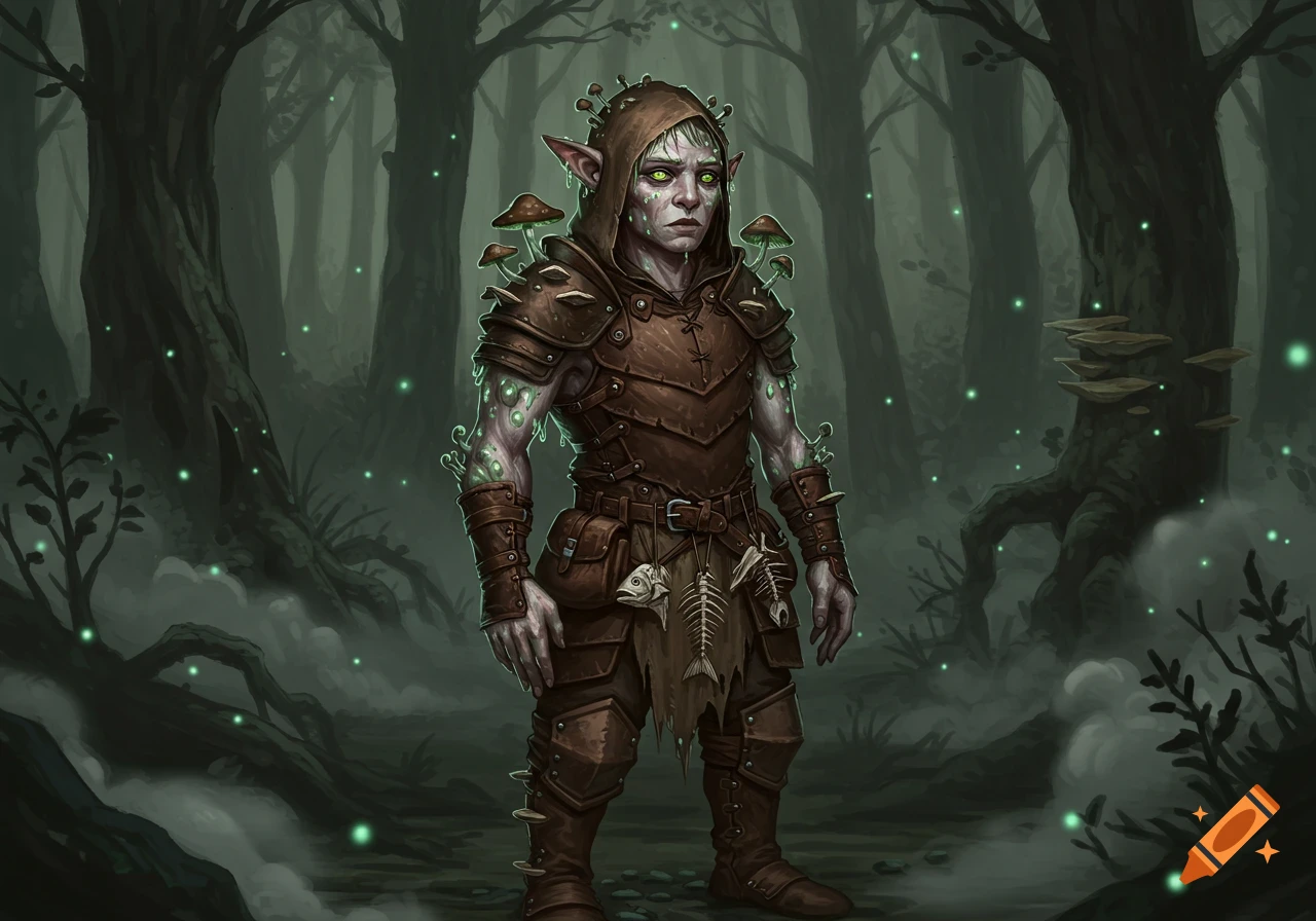 A pallid halfling man with mushrooms and slime on his body and leather armor, in a dark, misty forest with green glowing particles.