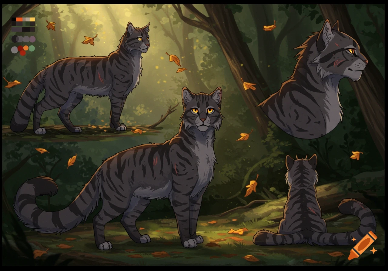Stylized reference sheet of a dark gray tabby cat with yellow eyes and scars, shown in different poses in a forest setting.