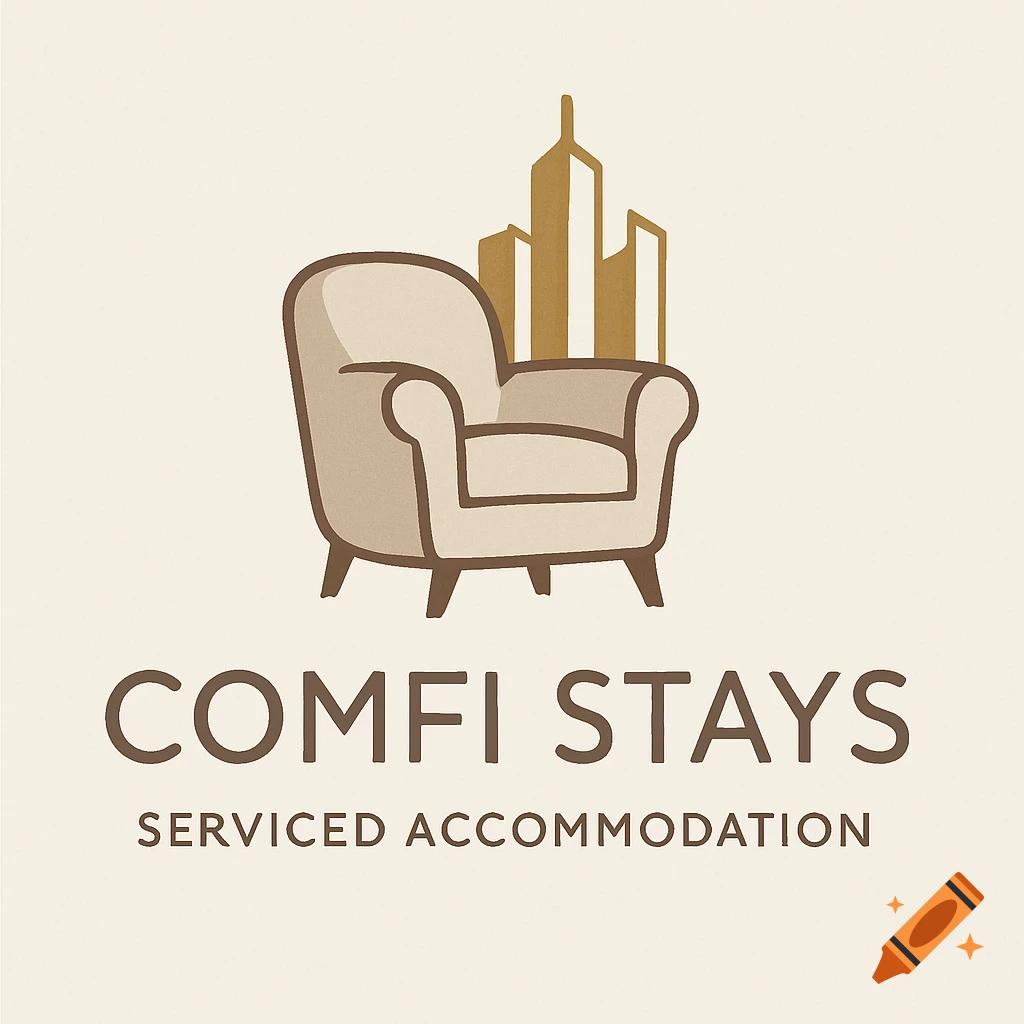 Logo for Comfi Stays with an armchair and three buildings, text reads 'Comfi Stays Serviced Accommodation'.