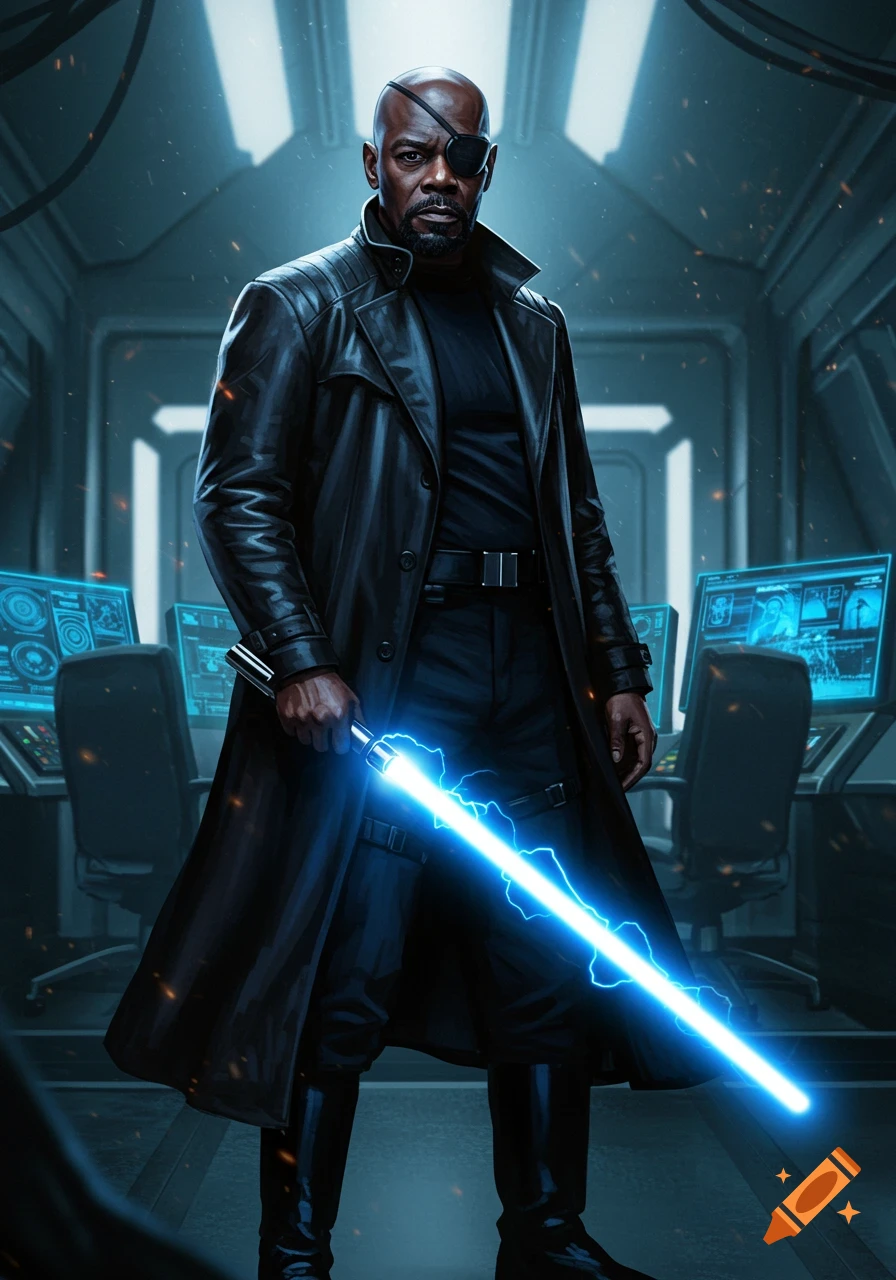 Digital art of Nick Fury with an eye patch and black trench coat, holding a blue lightsaber in a sci-fi command room.