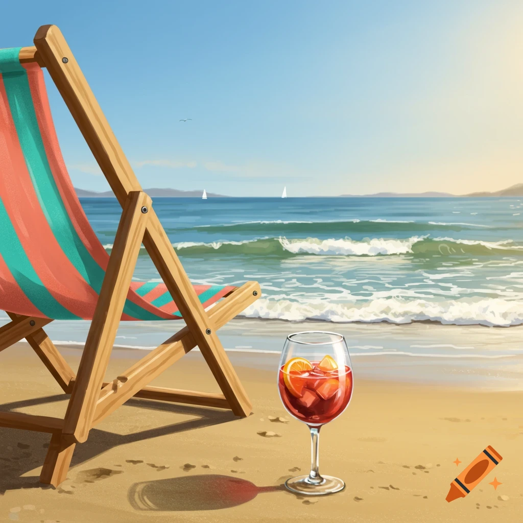 A colorful striped beach chair and a glass of sangria sit on the sandy beach next to the ocean under a clear sky.
