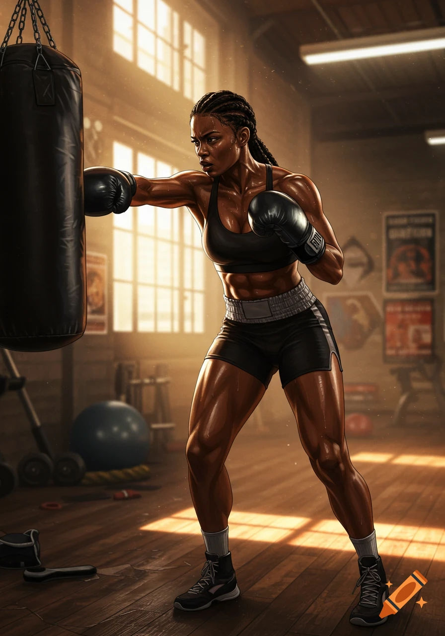 Muscular female boxer with braided hair punching a heavy bag in a sunlit gym, detailed and realistic style.
